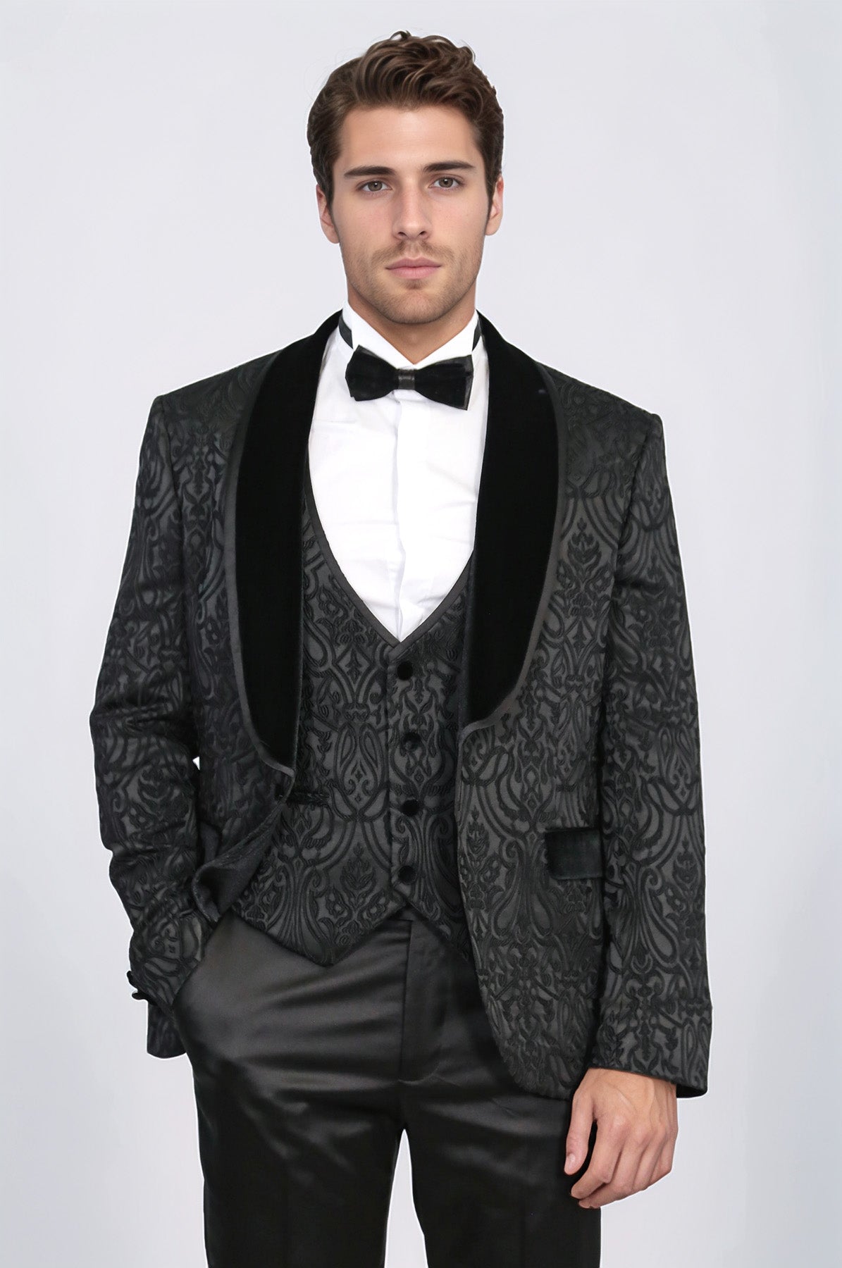 Baroque Patterned Velvet Shawl Collar Vest With Black Tuxedo- Wessi
