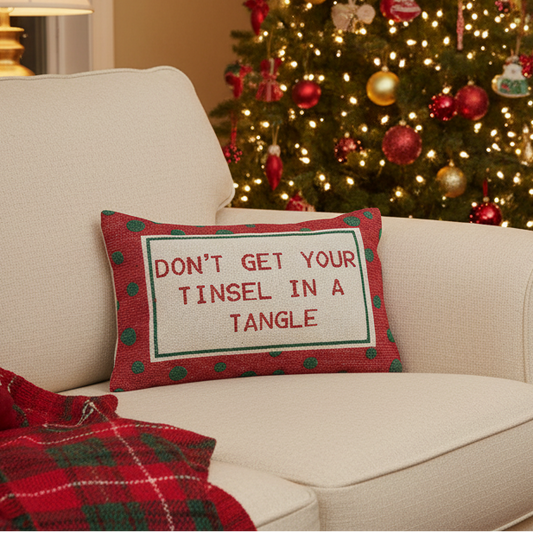 "Don't Get Your Tinsel In A Tangle" with Polka Dots Pattern Cotton Lumbar Pillow