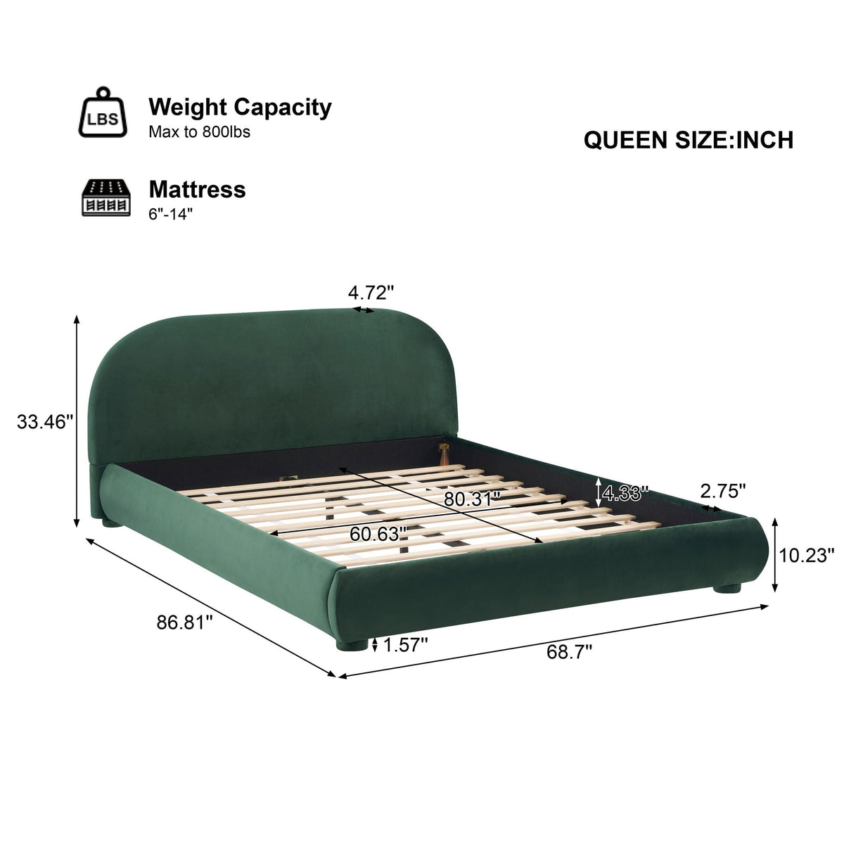 Upholstered Modern Bedroom Bed with Curved Headboard - Beige or Dark Green