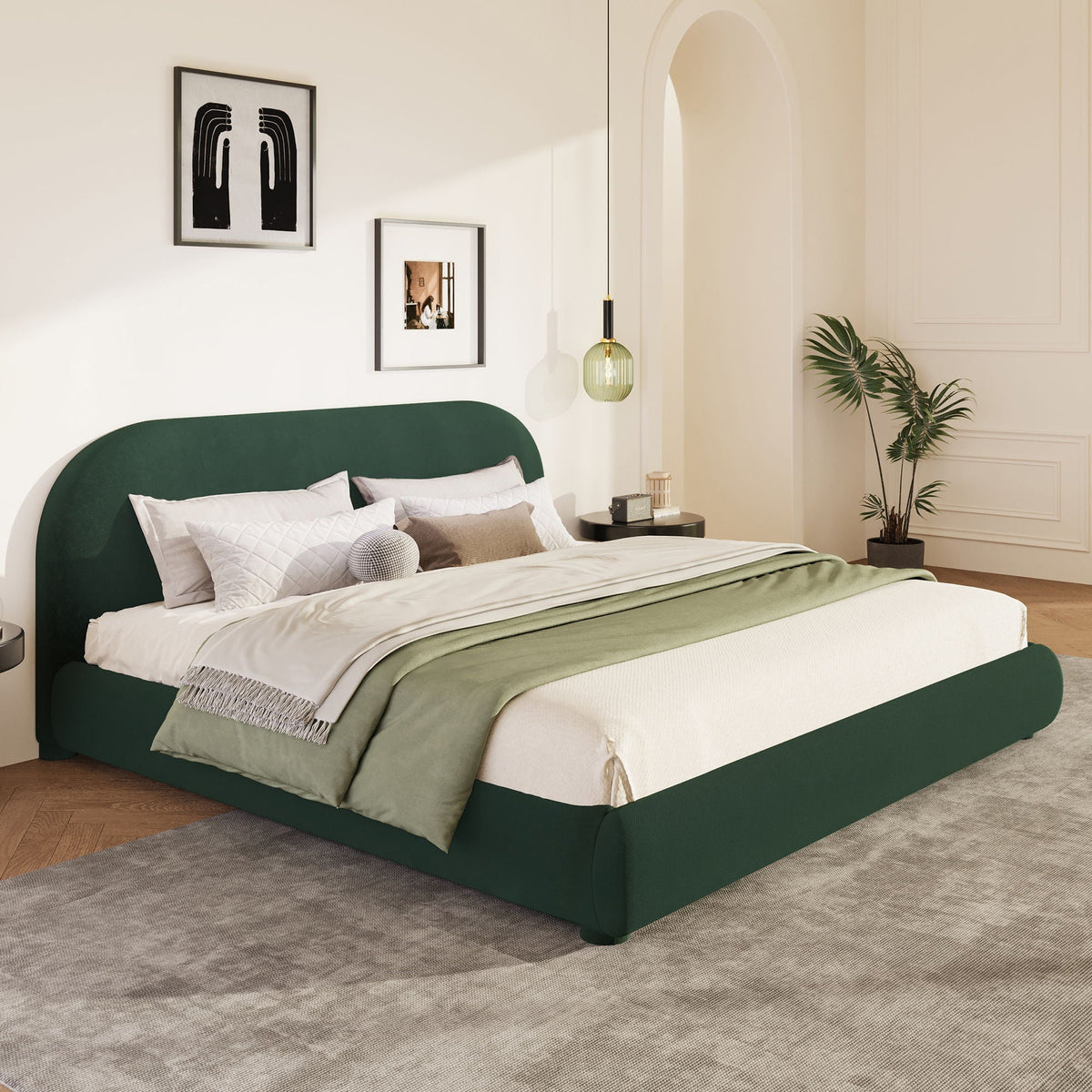 Upholstered Modern Bedroom Bed with Curved Headboard - Beige or Dark Green