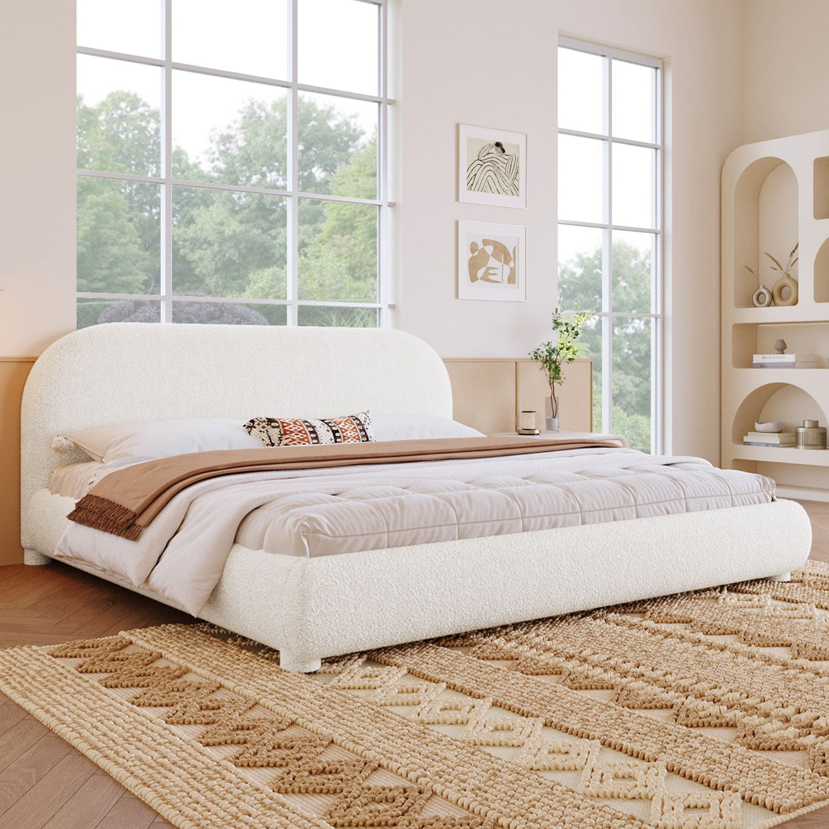 Upholstered Modern Bedroom Bed with Curved Headboard - Beige or Dark Green