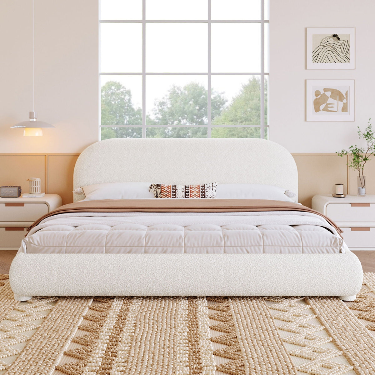 Upholstered Modern Bedroom Bed with Curved Headboard - Beige or Dark Green