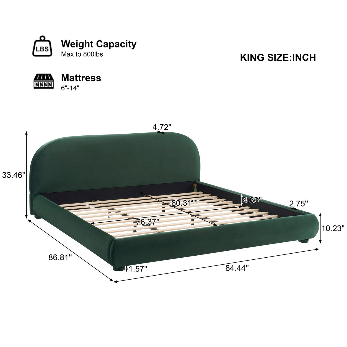 Upholstered Modern Bedroom Bed with Curved Headboard - Beige or Dark Green