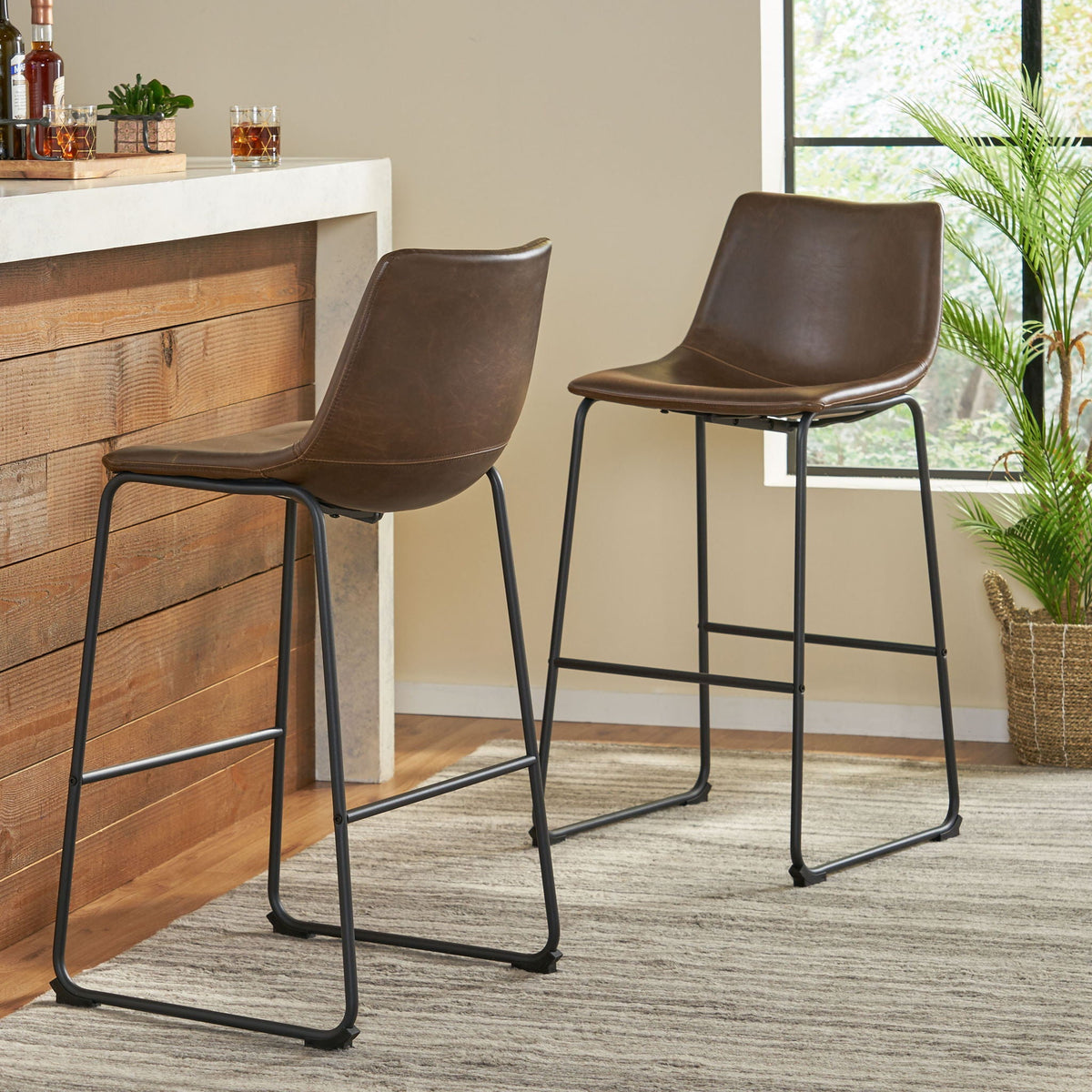 Vintage Brown Barstool with Upholstery and Foot Rail