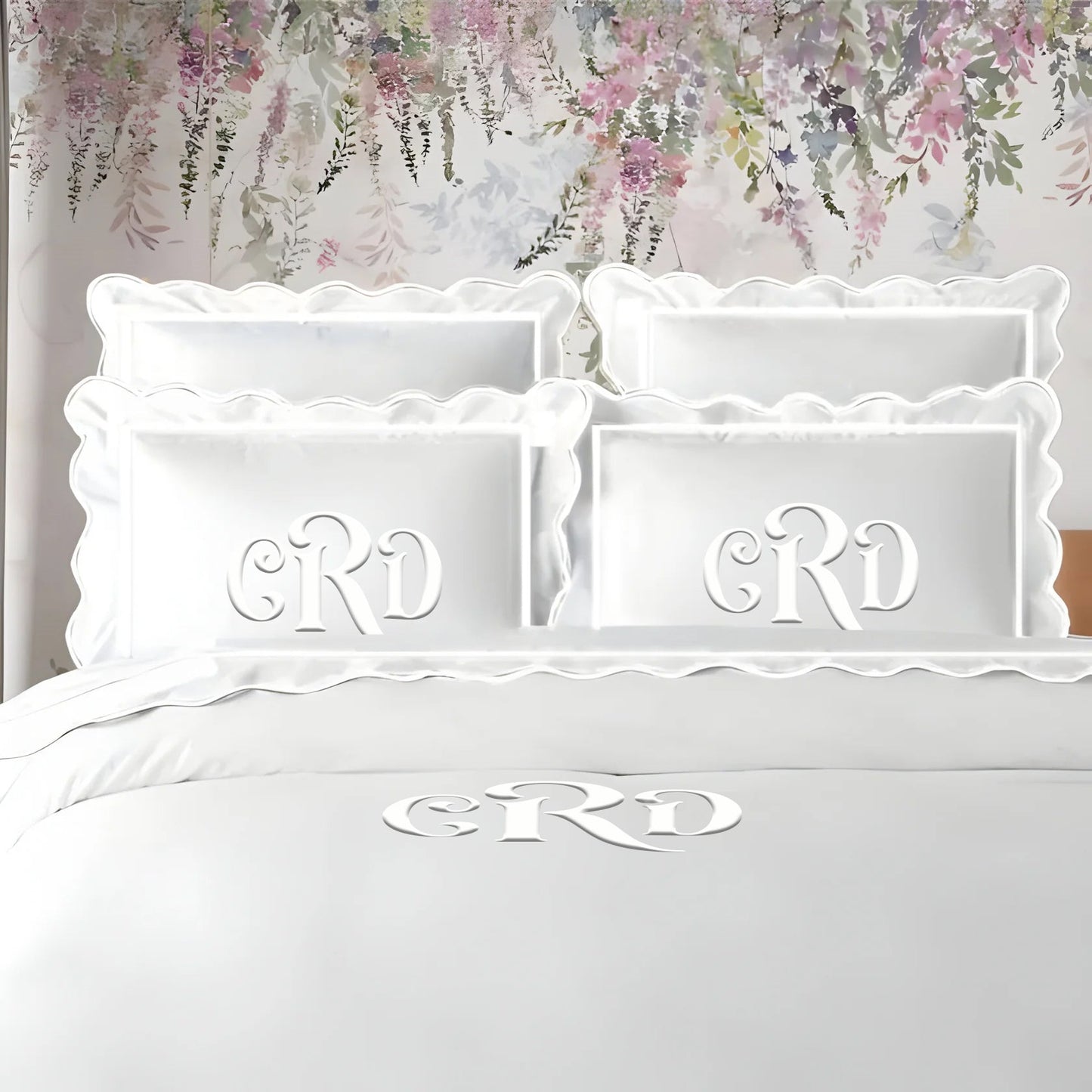 Monogram 400TC Cotton Scallop Embroidery & Border Sateen Solid Duvet Cover Set